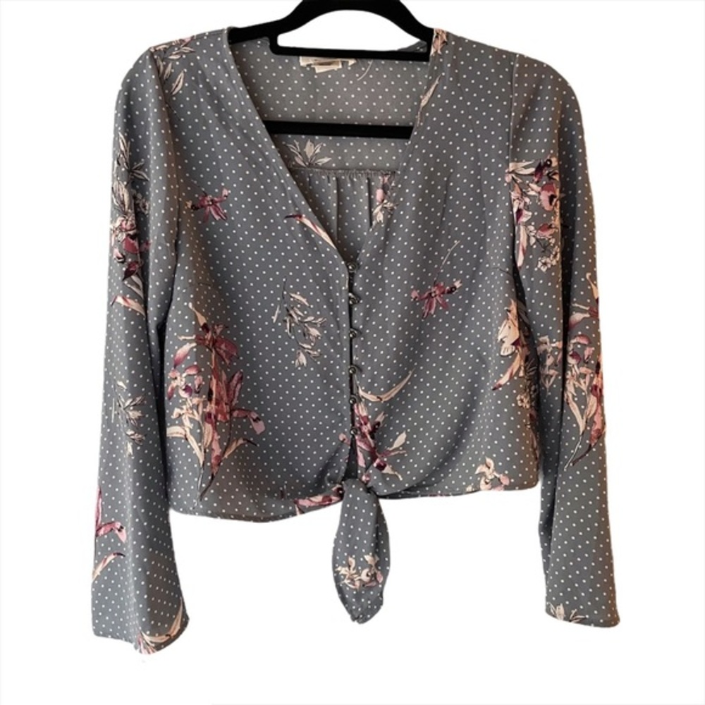 Urban Romantics Long Sleeve Grey Crop Top Dots XS